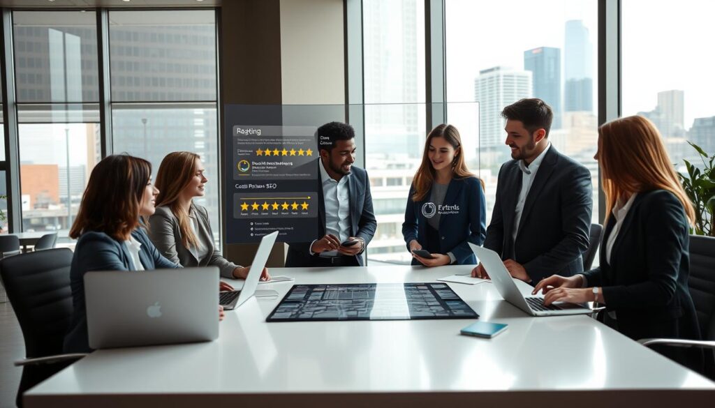 A professional workspace showcasing a collaborative team discussing strategies for enhancing customer reviews. In the foreground, a diverse group of four business professionals, dressed in smart casual attire, huddles around a modern table with laptops and notepads. The middle ground features a large digital display showing various rating icons and charts related to local SEO performance. In the background, large windows allow natural light to flood the room, with a bustling cityscape visible outside, conveying dynamism. The overall atmosphere is focused and innovative, symbolizing teamwork and the importance of customer feedback in business success. Soft lighting enhances the sense of collaboration and productivity, captured from a slightly elevated angle to provide a clear view of the team and their discussions. A professional workspace showcasing a collaborative team discussing strategies for enhancing customer reviews. In the foreground, a diverse group of four business professionals, dressed in smart casual attire, huddles around a modern table with laptops and notepads. The middle ground features a large digital display showing various rating icons and charts related to local SEO performance. In the background, large windows allow natural light to flood the room, with a bustling cityscape visible outside, conveying dynamism. The overall atmosphere is focused and innovative, symbolizing teamwork and the importance of customer feedback in business success. Soft lighting enhances the sense of collaboration and productivity, captured from a slightly elevated angle to provide a clear view of the team and their discussions.