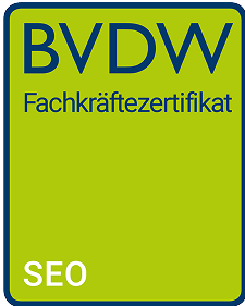 BVDW Fachkräftezertifikat mit grünem Hintergrund und blauer Schrift.