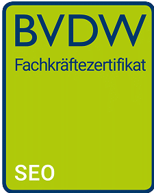 BVDW Fachkräftezertifikat mit grünem Hintergrund und blauer Schrift.