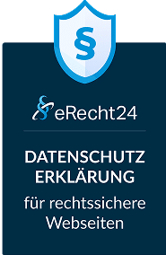 Logo von eRecht24 mit dem Text "Datenschutzerklärung für rechtssichere Webseiten".