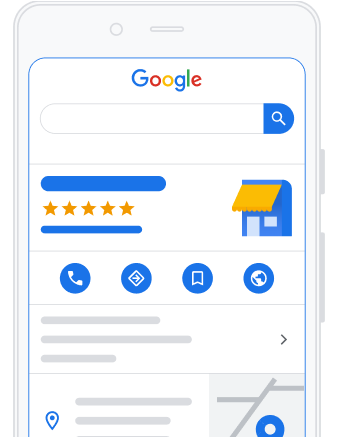 Smartphone zeigt Google-Suchergebnisse mit Geschäftssymbol und fünf Sternen.