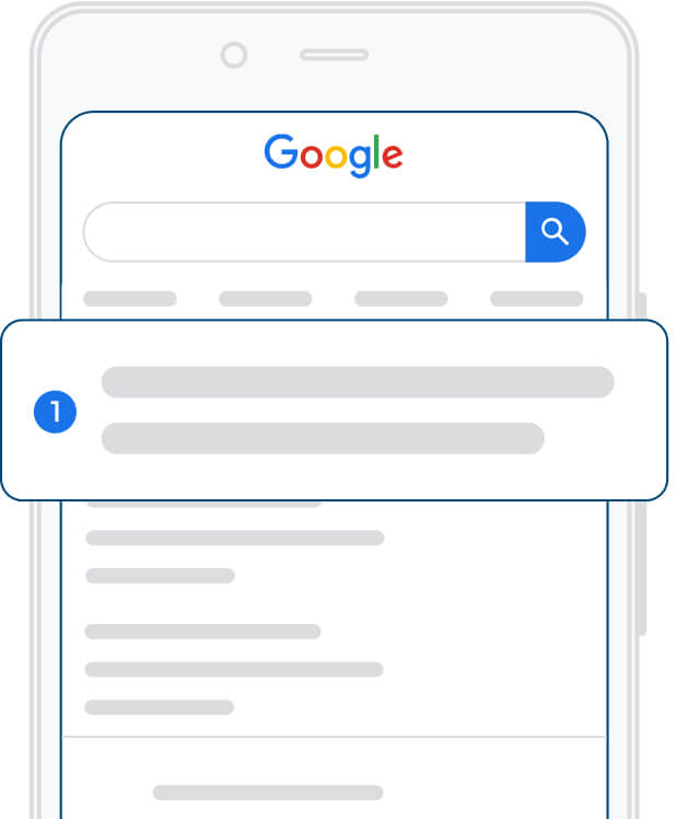 Grafik eines Smartphones mit Google-Suchseite und hervorgehobenen Ergebnissen.