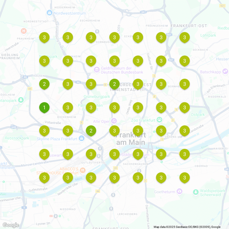 Karte von Frankfurt mit grünen Markern und Zahlen auf verschiedenen Standorten.