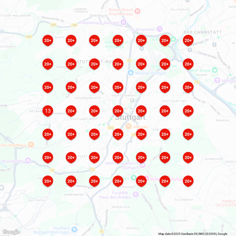 Karte von Stuttgart mit mehreren Standortmarkierungen in Rot und Zahlen.