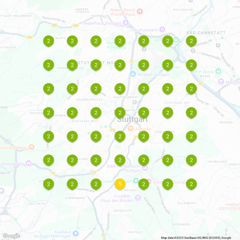 Karte von Stuttgart mit Luftqualitätswerten in grünen und einem gelben Kreis.
