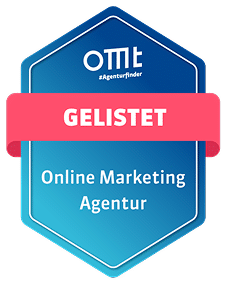Abzeichen mit OMT-Logo und Text "Gelistet Online Marketing Agentur".