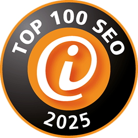 Rundes Abzeichen mit "Top 100 SEO 2025" und Internet-Symbol.
