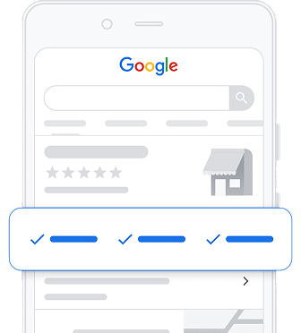 Smartphone mit Google-Suchergebnissen und hervorgehobener Bewertung im Vordergrund.