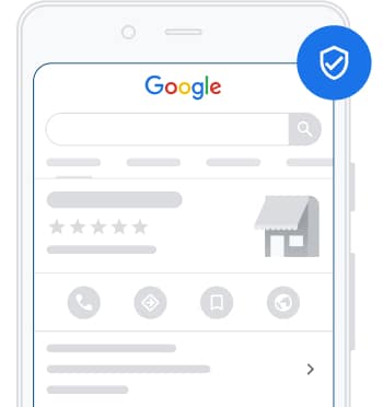 Smartphone zeigt Google-Suchergebnisse mit Unternehmensinformation und Geschäftssymbol.