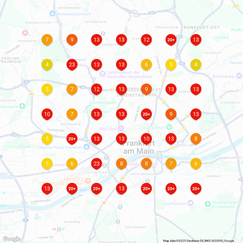 Temperaturwerte auf einer Karte von Frankfurt in verschiedenen Farben dargestellt.