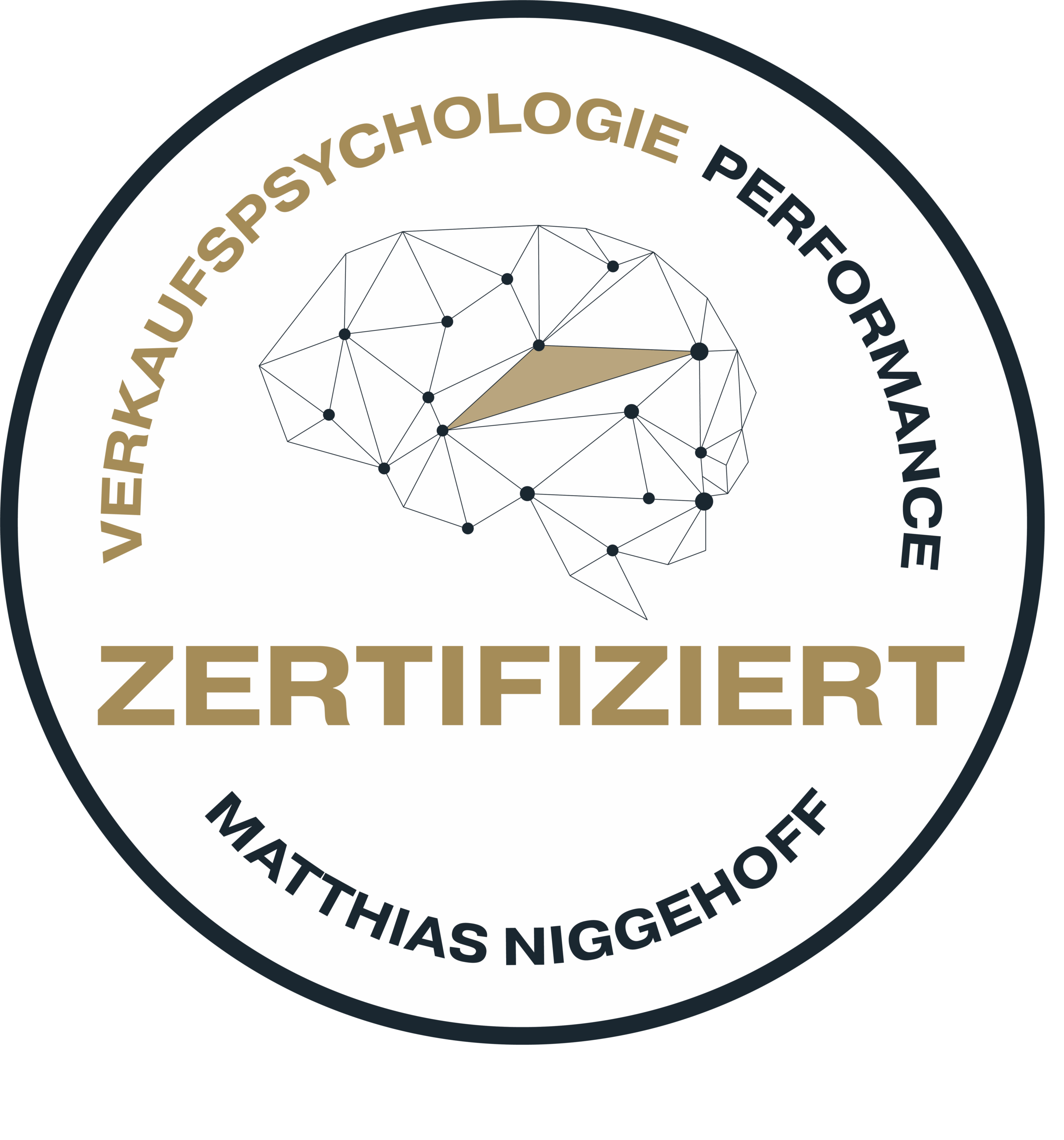 Rundes Zertifikat-Logo mit geometrischem Hirnmuster und Text in Schwarz und Gold.