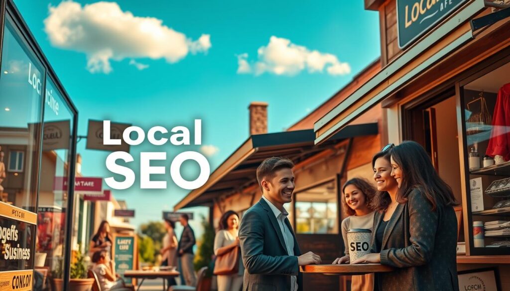 A cozy small business storefront, featuring a charming café with outdoor seating, surrounded by local shops, all bustling with activity. In the foreground, a diverse group of customers, including a young man in a business suit and a woman in smart casual attire, are smiling and engaging with a friendly barista. The middle ground showcases well-lit shop windows displaying local products and a captivating “Local SEO” symbol, subtly integrated into the shop signs. In the background, a clear blue sky enhances the community ambiance, with a few fluffy clouds. The scene is illuminated by warm, golden sunlight, creating an inviting atmosphere. The composition captures the essence of community and connectivity, emphasizing the advantages of local SEO for small businesses.