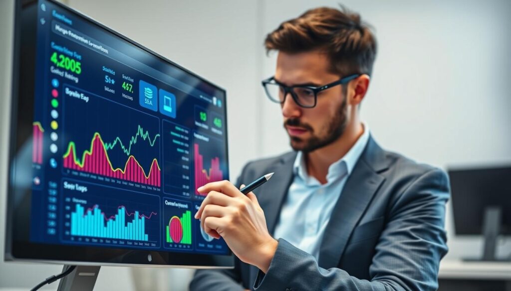 A modern SEO and SEA integration monitoring dashboard interface displayed on a sleek computer screen. The foreground features vibrant charts and graphs showing real-time data analytics, with bright colors like green, red, and blue to indicate performance metrics. In the middle, a professional in business attire analyzes the dashboard, with a focused expression and a pen in hand. The background includes a minimalist office environment with soft, diffused lighting, creating a productive atmosphere. The camera angle is slightly elevated, capturing both the screen and the individual in a dynamic composition. The overall mood is one of clarity and efficiency, reflecting best practices in digital marketing strategy.