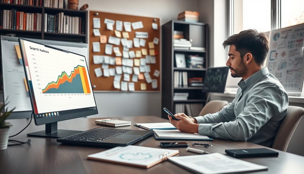A professional workspace focused on keyword analysis for SEO and SEA, featuring a modern desk with a laptop displaying a colorful graph of search volumes and keywords. In the foreground, a person in smart casual attire is intently analyzing data, surrounded by notepads and a smartphone. The middle ground showcases a large corkboard with pinned sticky notes of various keywords, along with a whiteboard filled with charts and diagrams. The background includes a bookshelf filled with marketing literature, and a window allowing natural light to illuminate the scene, creating a productive and inspiring atmosphere. The perspective is slightly angled to capture depth, with a soft focus on the background to emphasize the foreground activity. The overall mood is professional and focused, ideal for a best practices theme.