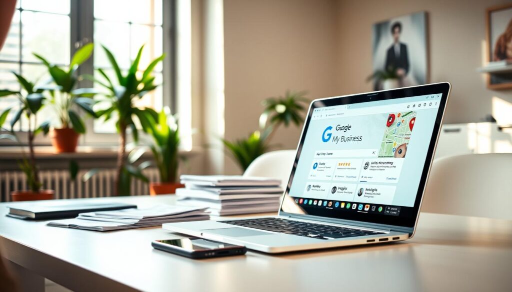 A serene office setting, showcasing a professional at a desk, focused on optimizing a Google My Business profile on a laptop. In the foreground, the laptop screen displays a vibrant and organized interface of Google My Business, featuring various sections like 'Posts', 'Reviews', and 'Insights'. In the middle ground, a stack of marketing materials and a smartphone highlight local SEO strategies. The background reveals a large window with natural light streaming in, illuminating the workspace, and indoor plants adding a touch of greenery. The atmosphere is one of productivity and professionalism, characterized by a warm color palette. The composition is captured from a slight angle to provide depth, emphasizing the dedication to local business optimization.