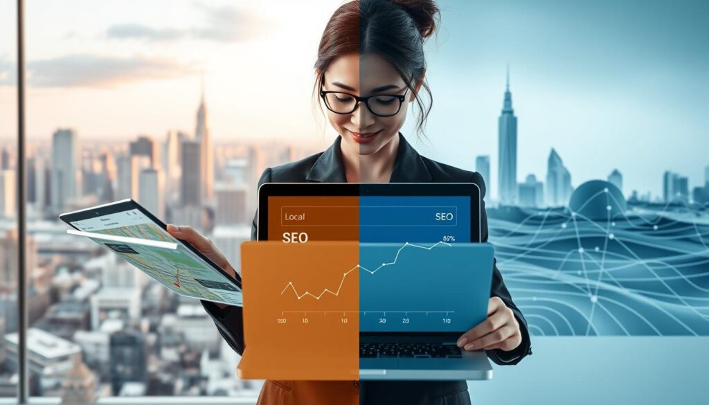 A split scene showcasing the differences between Local SEO and classical SEO in geographical orientation. In the foreground, a professional woman in business attire examines a digital map on a tablet, highlighting local businesses and pinpoint locations. In the middle ground, a laptop displays a graph comparing local search results with traditional SEO data. The background features a city skyline on one side, representing Local SEO, with vibrant colors and bustling activity, while an abstract, more minimalist digital landscape represents classical SEO, using cooler tones and sleek lines. Soft, natural lighting creates an informative yet inviting atmosphere, emphasizing clarity and engagement, with a slightly elevated angle to capture both scenes effectively.