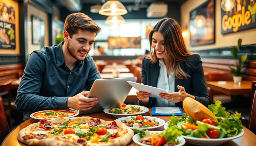 A vibrant, inviting restaurant scene showcasing a professional team optimizing their Google My Business profile. In the foreground, a young man in smart casual attire is focused on a laptop, reviewing their restaurant's online listings. Beside him, a woman in business attire is taking notes, discussing strategies. In the middle ground, a colorful array of dishes, like gourmet pizzas and fresh salads, are beautifully arranged on the table, enticing potential customers. The background features a cozy, well-decorated dining area with warm lighting, giving a sense of a bustling yet comfortable atmosphere. The image should have a soft focus on the background, emphasizing the professionals in the foreground while creating an inviting and motivational mood. The lighting is warm and cheerful, suggesting a thriving restaurant environment.