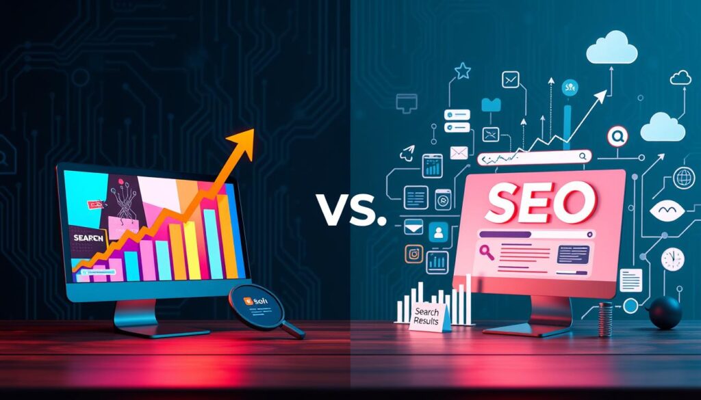 A visually engaging comparison image illustrating "Search Engine Advertising vs. Search Engine Optimization." In the foreground, depict a split scene: on the left, vibrant digital ads showcasing colorful banners and graphs reflecting growth with arrows pointing upwards, representing search engine advertising (SEA). On the right, a more subdued, structured layout featuring SEO elements like keyword charts, website analytics, and growing organic search results. The middle ground blends both areas with symbols of online traffic, like magnifying glasses and search bars. The background consists of abstract digital elements like circuit patterns and cloud symbols, suggesting a tech-savvy atmosphere. Use soft, professional lighting to illuminate each section distinctly, emphasizing a sense of clarity and professionalism, evoking a mood of strategic decision-making and innovation in online marketing.