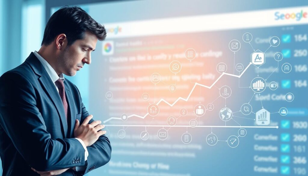 A visually engaging illustration depicting the factors influencing the duration of SEO results. In the foreground, a professional businessperson in formal attire thoughtfully analyzes a digital graph showcasing fluctuating web rankings. The middle ground features a diverse array of digital icons symbolizing various factors such as content quality, backlinks, and website speed, interconnected with flowing lines to display relationships. The background presents an abstract representation of a search engine results page (SERP) with soft, diffused lighting to create a focused atmosphere. The color palette should be calming yet professional with blues and greens, evoking a sense of trust and reliability. The image should convey a sense of analysis and expertise, without any text or distractions, suitable for an article on SEO optimization.