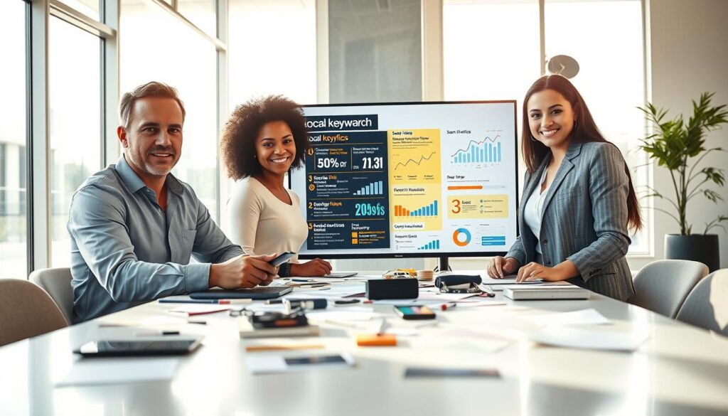 An imaginative workspace showcasing a local keyword research strategy. In the foreground, a diverse group of three professionals—one Caucasian male, one Black female, and one Hispanic female—are gathered around a sleek, modern table cluttered with digital devices and notes. They are dressed in professional attire. The middle ground features a large digital screen displaying a colorful infographic with various local keywords highlighted, while charts and graphs illustrate search traffic trends. In the background, a bright, airy office interior with large windows allows sunlight to flood in, creating an optimistic and focused atmosphere. Soft shadows emphasize the collaborative effort in advancing local SEO visibility. Capturing a dynamic and productive vibe, the scene radiates an air of innovation and teamwork.