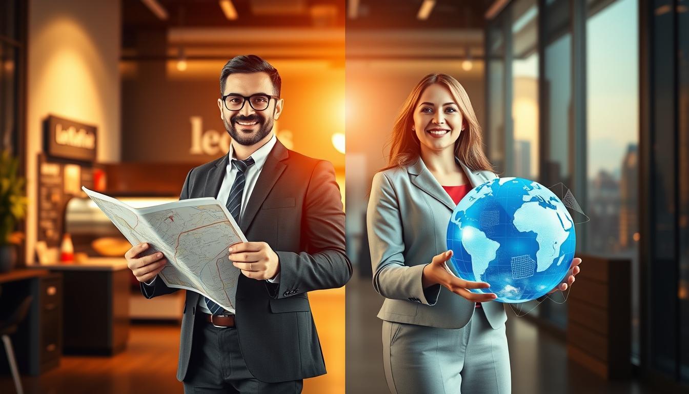 Zwei Personen stehen in einem Büro, eine hält eine Karte, die andere einen leuchtenden Globus.