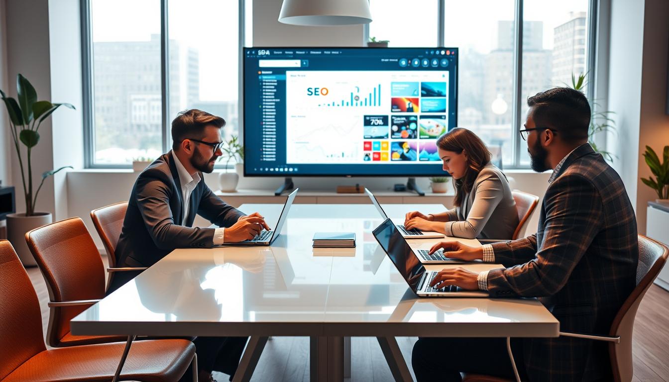 Menschen arbeiten an Laptops in einem modernen Büro, Bildschirm zeigt SEO-Diagramme.