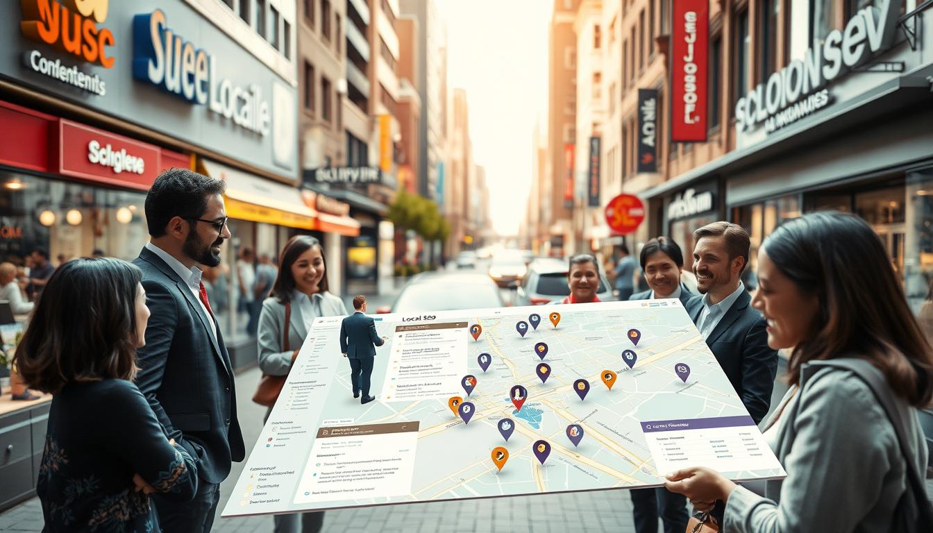 Gruppe betrachtet interaktive digitale Karte in belebter städtischer Straße.