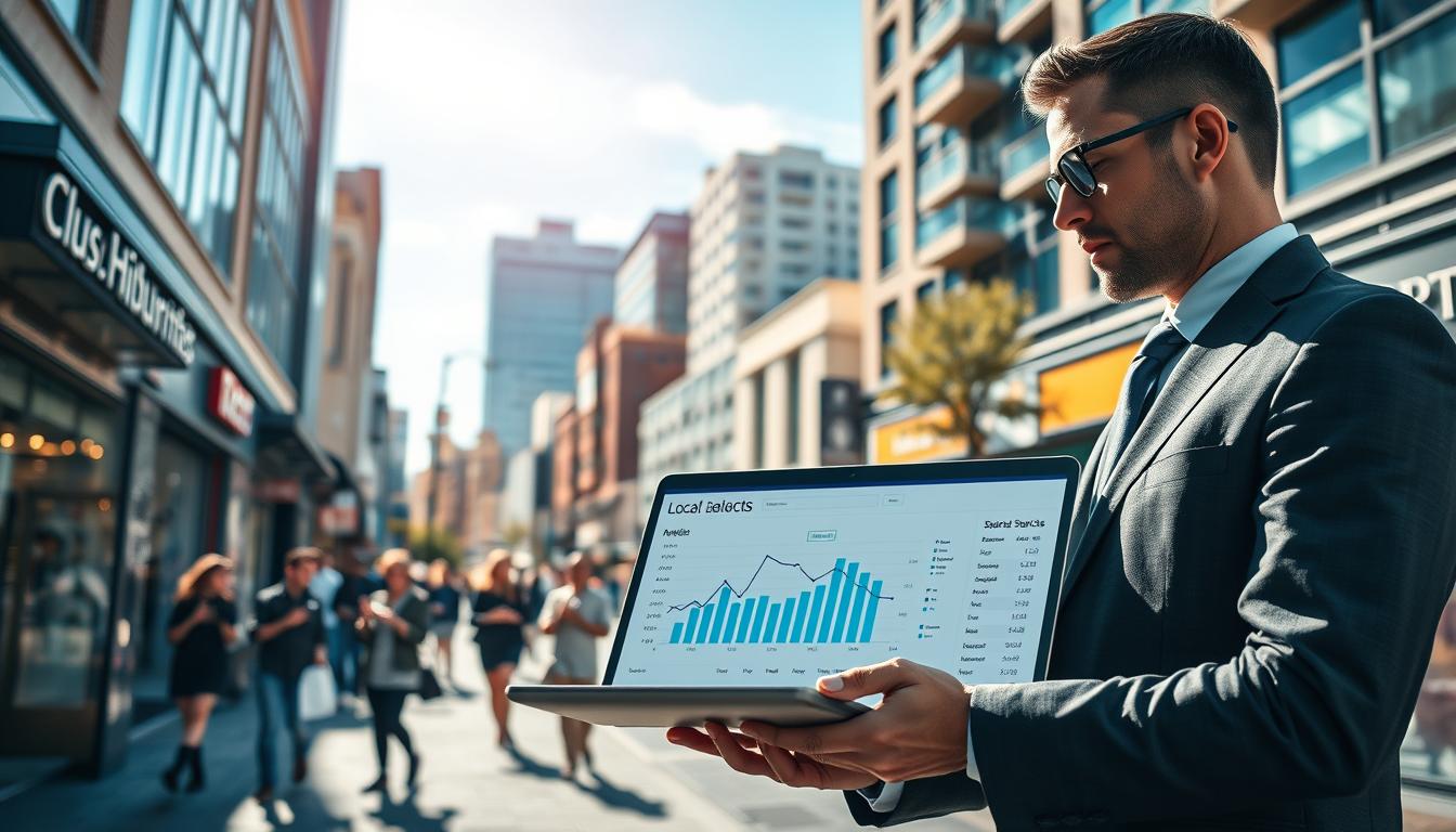 Person in Anzug hält Laptop mit Diagrammen in einer belebten städtischen Umgebung.